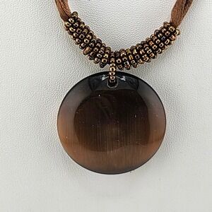 Brown Cats Eye Stone Pendant Necklace Bronze Beaded Cord Bohemian‎ Boho Style